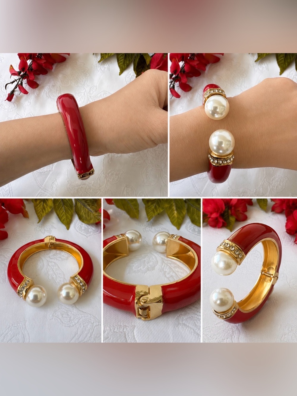 Sequin NYC Bangle Bracelet Red Goldtone Pearls Rhinestones Enamel Hinge NEW